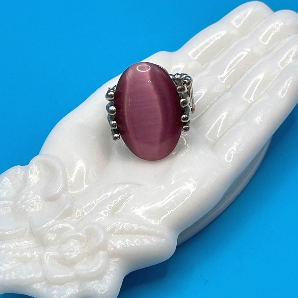 Pink Cat Eye Stone Ring OS Silver Tone Stretchy Statement Boho Western Whimsical
